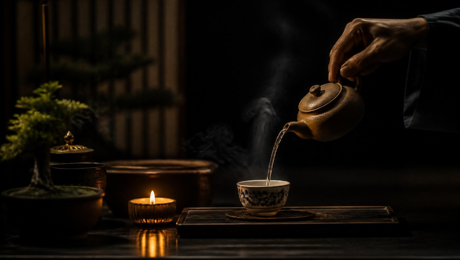A tea meditation ritual with warm candlelight and steam rising from a clay teapot